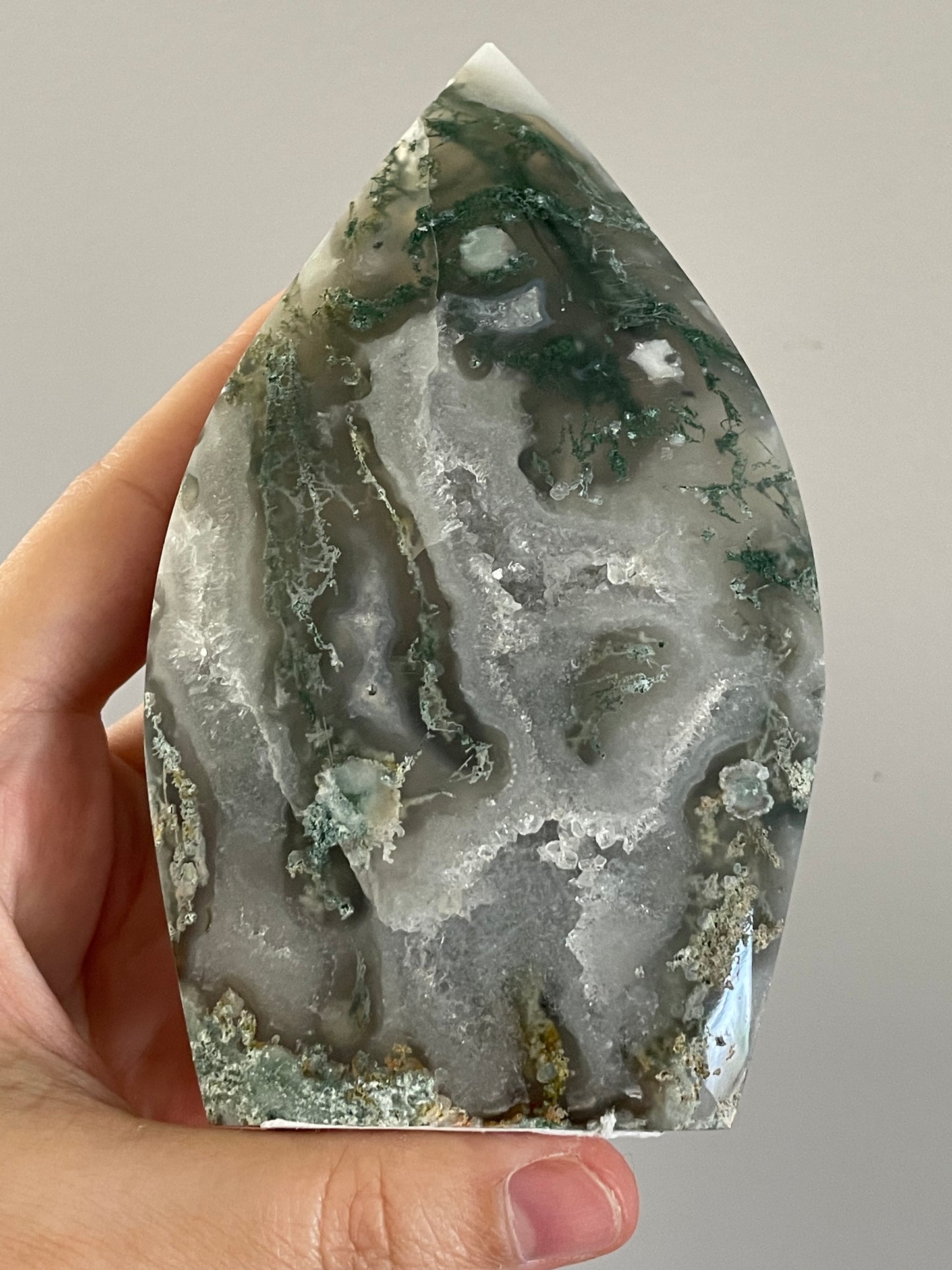 Moss Agate Druzy Flame Carving B