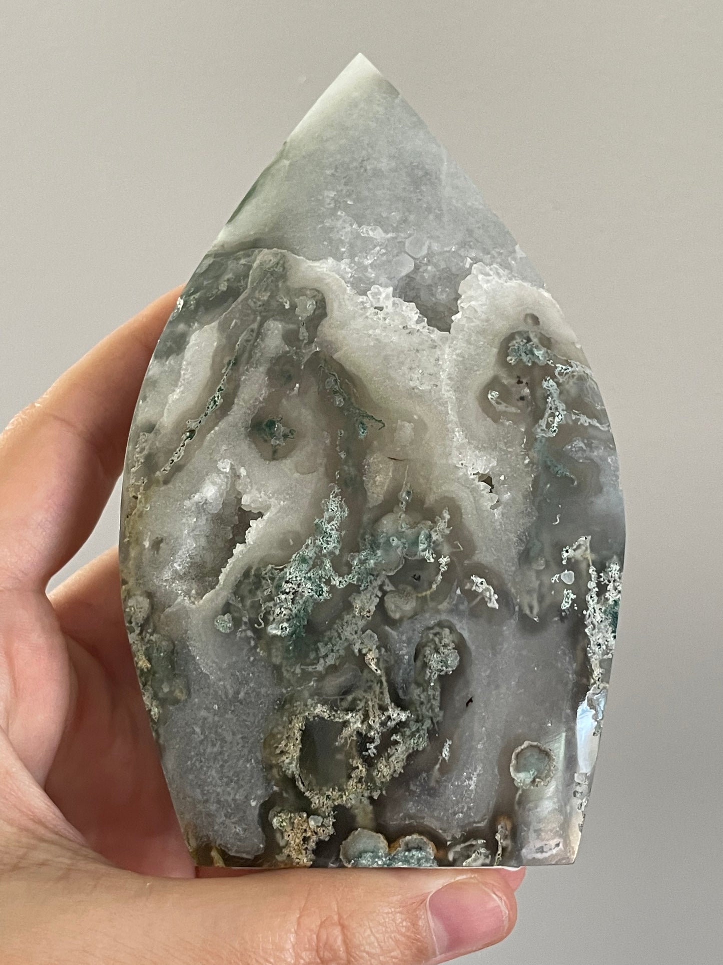 Moss Agate Druzy Flame Carving B